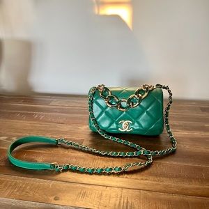 Chanel green lambskin quilted mini flap bag